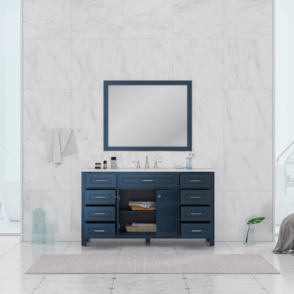 Alya Bath Norwalk 60" Single Blue Freestanding Single Bathroom Vanity With Carrara Marble Top, Ceramic Sink and Wall Mounted Mirror