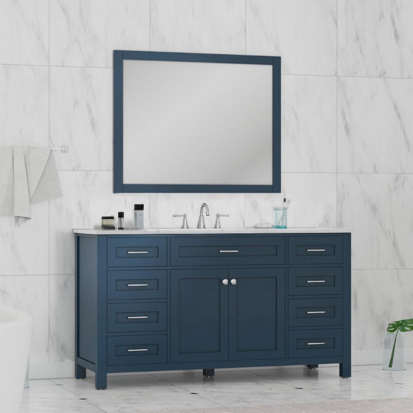 Alya Bath Norwalk 60" Single Blue Freestanding Single Bathroom Vanity With Carrara Marble Top, Ceramic Sink and Wall Mounted Mirror