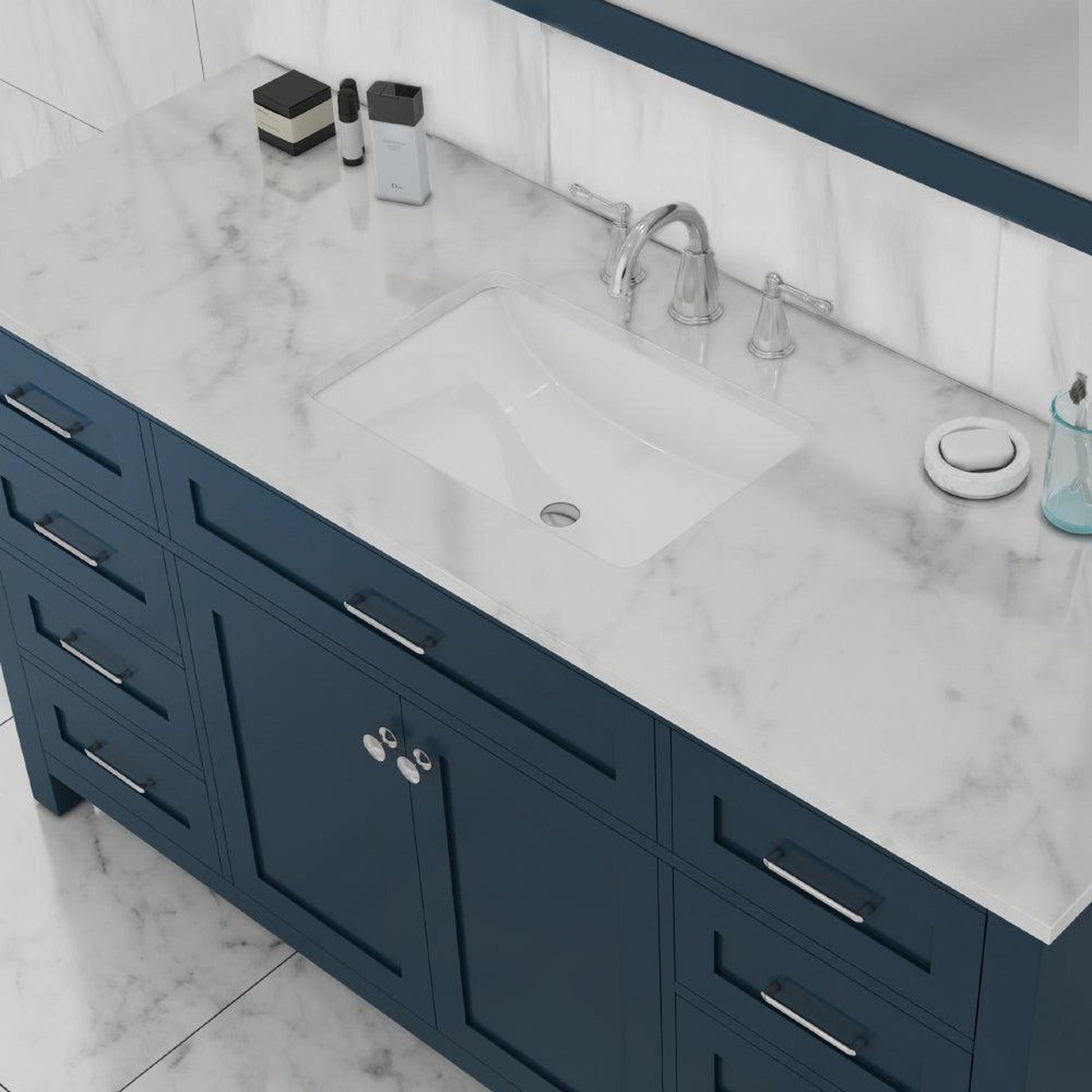 Alya Bath Norwalk 60" Single Blue Freestanding Single Bathroom Vanity With Carrara Marble Top, Ceramic Sink and Wall Mounted Mirror