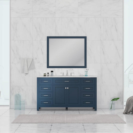 Alya Bath Norwalk 60" Single Blue Freestanding Single Bathroom Vanity With Carrara Marble Top, Ceramic Sink and Wall Mounted Mirror