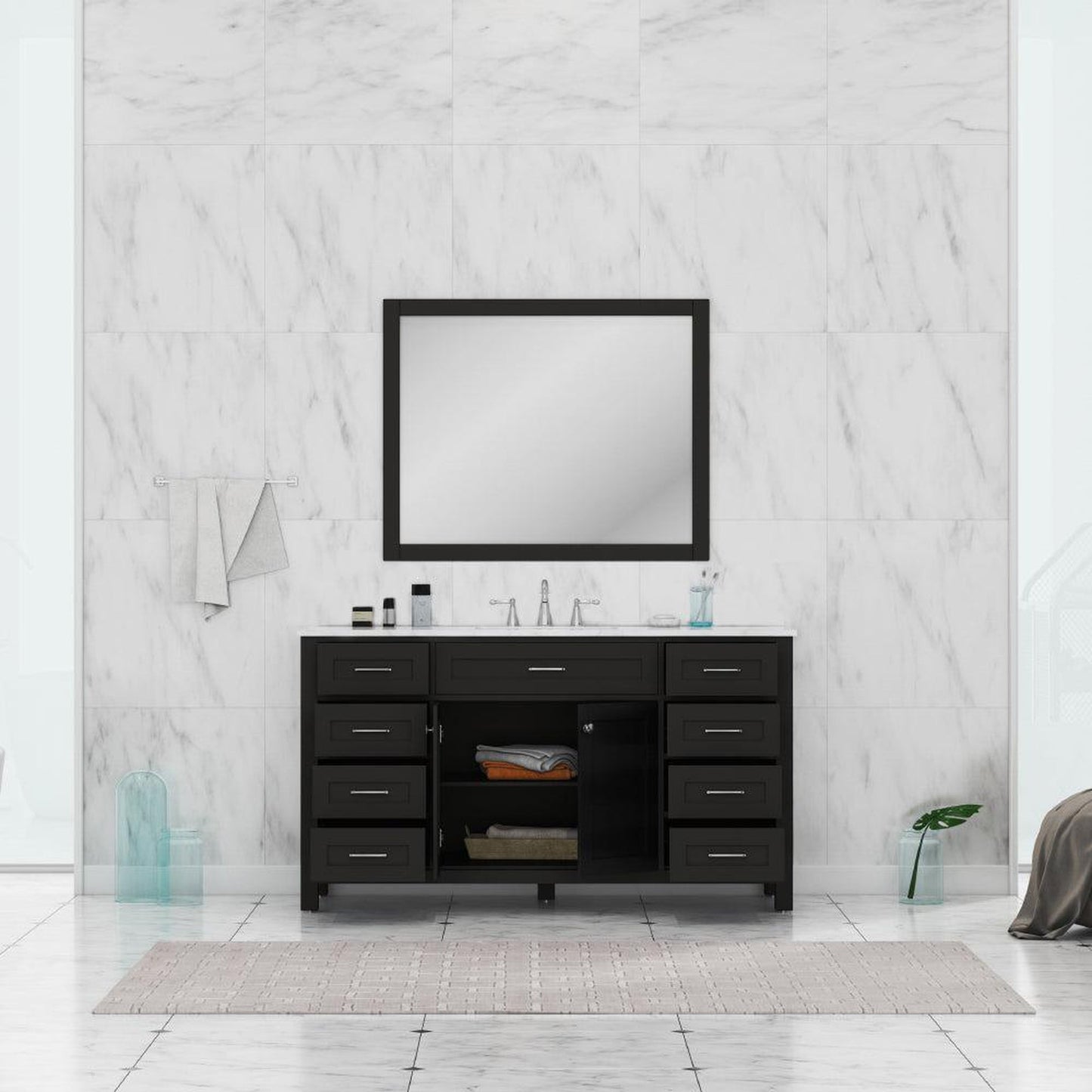 Alya Bath Norwalk 60" Single Espresso Freestanding Bathroom Vanity With Carrara Marble Top, Ceramic Sink and Wall Mounted Mirror