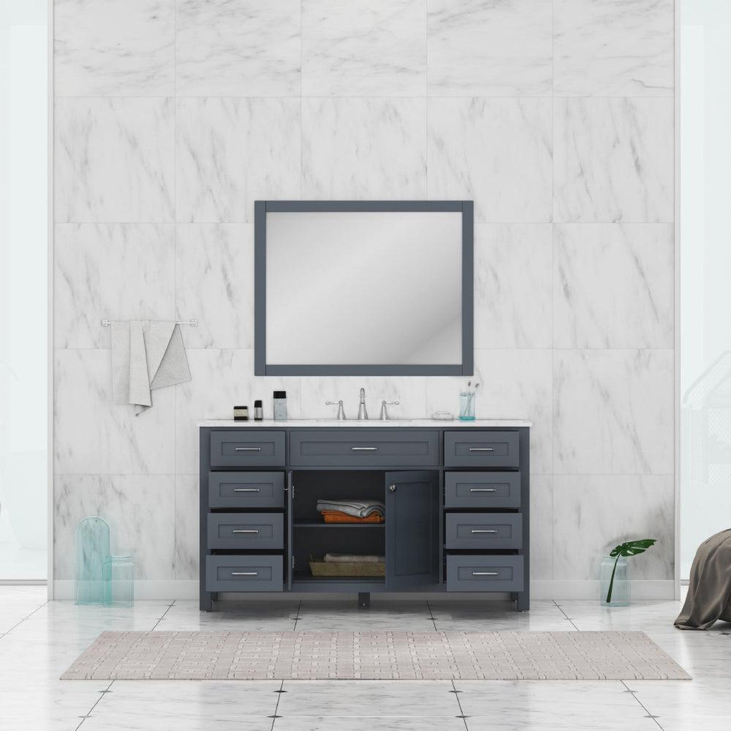 Alya Bath Norwalk 60" Single Gray Freestanding Bathroom Vanity With Carrara Marble Top, Ceramic Sink and Wall Mounted Mirror