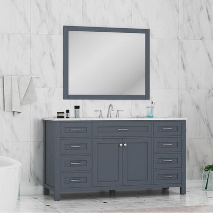 Alya Bath Norwalk 60" Single Gray Freestanding Bathroom Vanity With Carrara Marble Top, Ceramic Sink and Wall Mounted Mirror