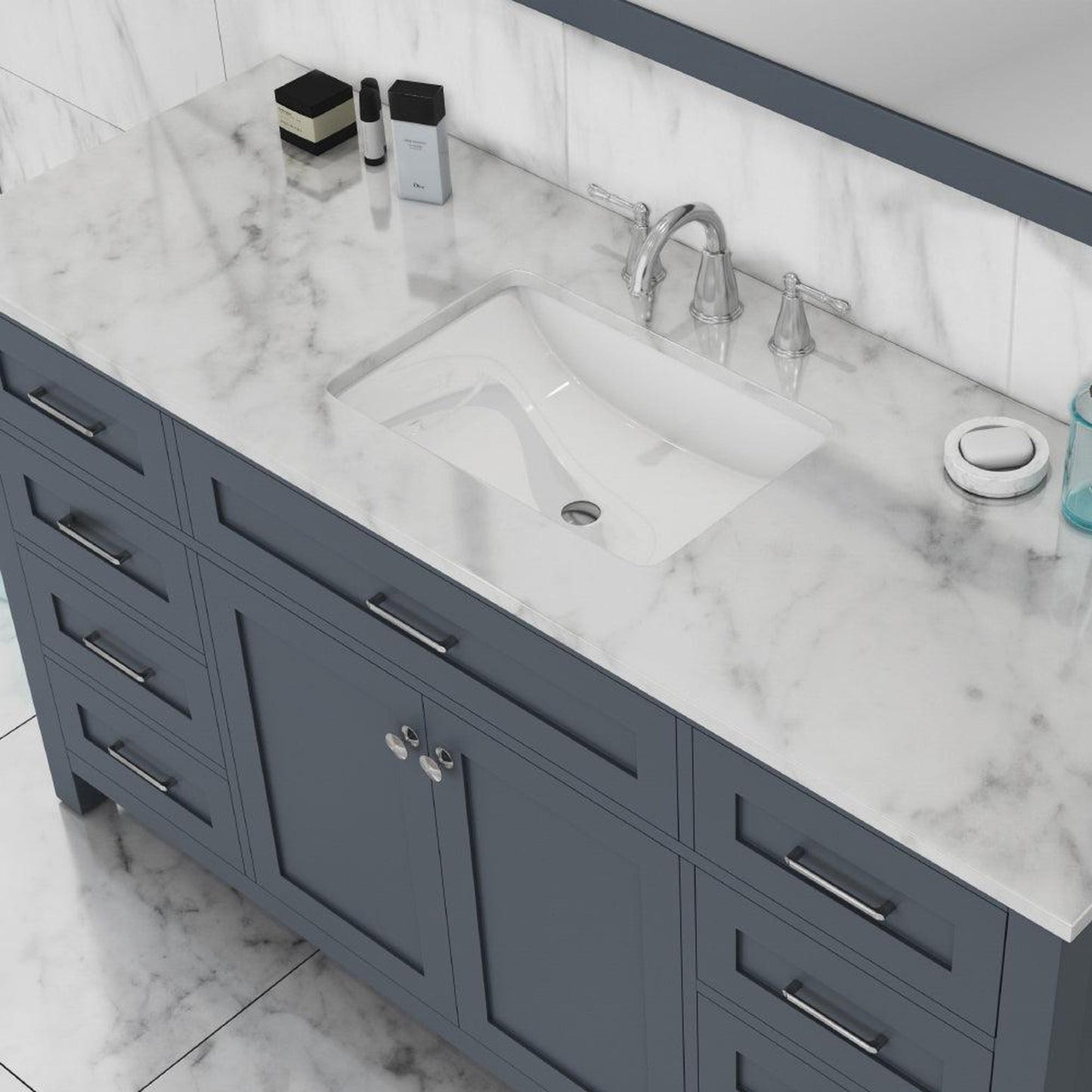 Alya Bath Norwalk 60" Single Gray Freestanding Bathroom Vanity With Carrara Marble Top, Ceramic Sink and Wall Mounted Mirror
