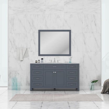 Alya Bath Norwalk 60" Single Gray Freestanding Bathroom Vanity With Carrara Marble Top, Ceramic Sink and Wall Mounted Mirror