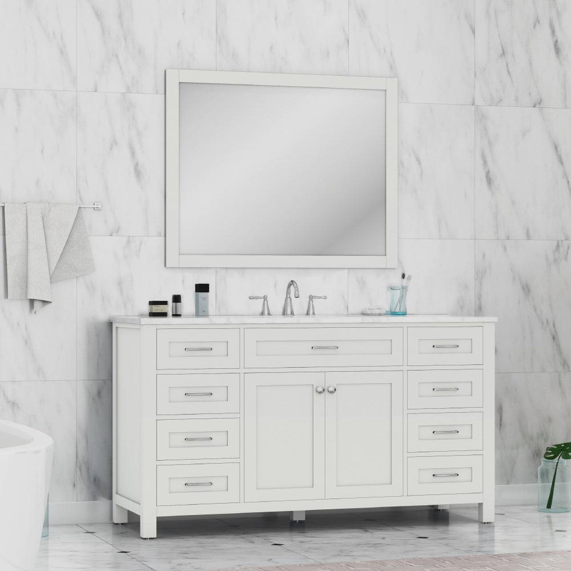 Alya Bath Norwalk 60" Single White Freestanding Bathroom Vanity With Carrara Marble Top, Ceramic Sink with Wall Mounted Mirror