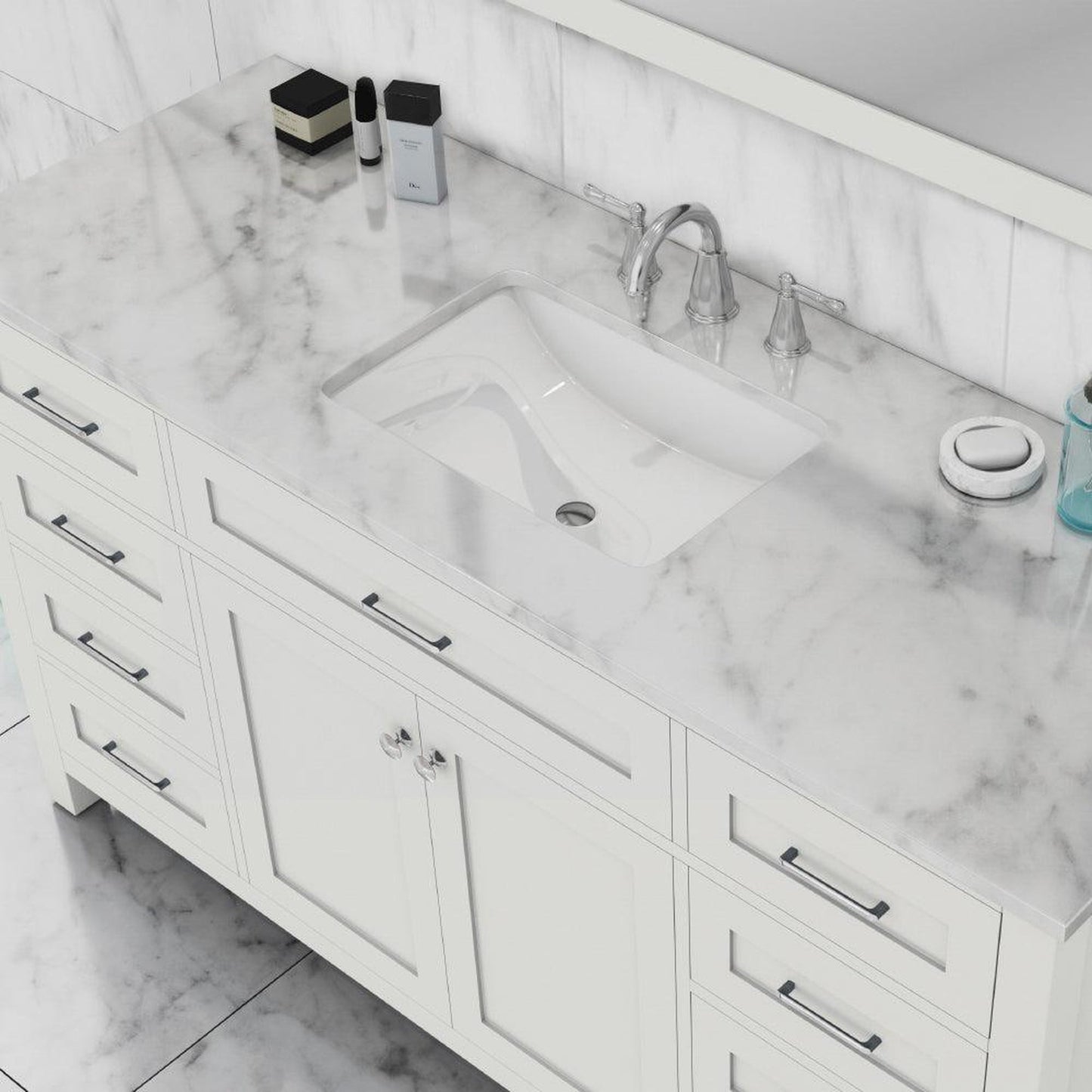 Alya Bath Norwalk 60" Single White Freestanding Bathroom Vanity With Carrara Marble Top, Ceramic Sink with Wall Mounted Mirror