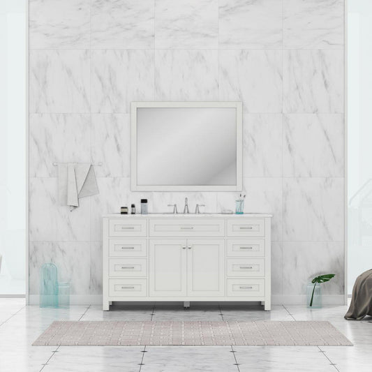 Alya Bath Norwalk 60" Single White Freestanding Bathroom Vanity With Carrara Marble Top, Ceramic Sink with Wall Mounted Mirror