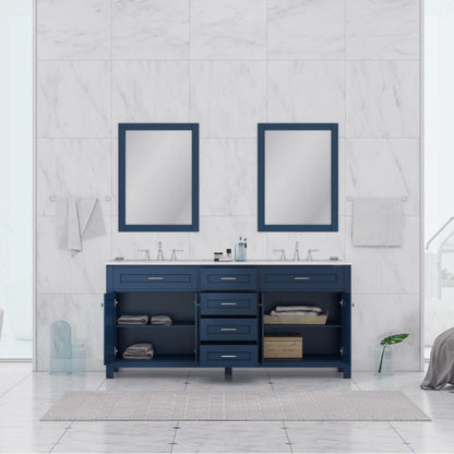 Alya Bath Norwalk 72" Double Blue Freestanding Bathroom Vanity With Carrara Marble Top, Ceramic Sink and Two Mirrors