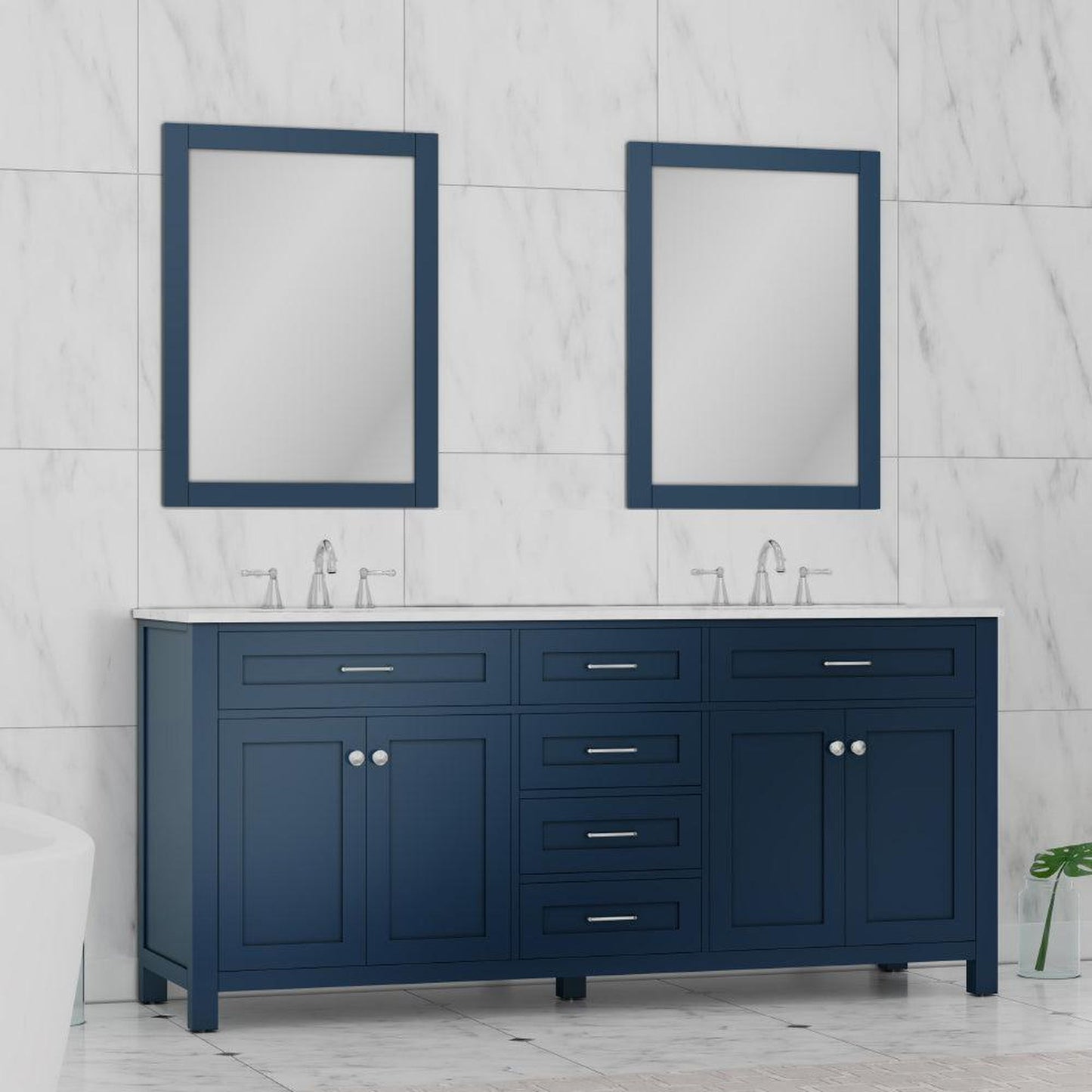 Alya Bath Norwalk 72" Double Blue Freestanding Bathroom Vanity With Carrara Marble Top, Ceramic Sink and Two Mirrors