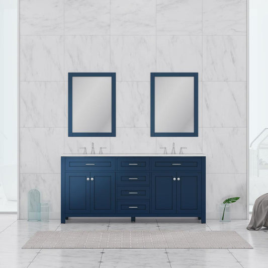 Alya Bath Norwalk 72" Double Blue Freestanding Bathroom Vanity With Carrara Marble Top, Ceramic Sink and Two Mirrors