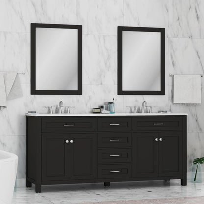 Alya Bath Norwalk 72" Double Espresso Freestanding Bathroom Vanity With Carrara Marble Top, Ceramic Sink and Two Mirrors