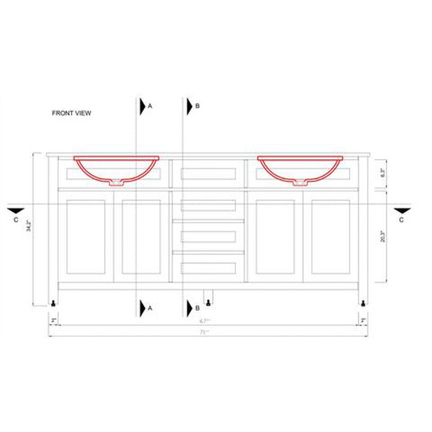 Alya Bath Norwalk 72" Double Espresso Freestanding Bathroom Vanity With Carrara Marble Top, Ceramic Sink and Two Mirrors