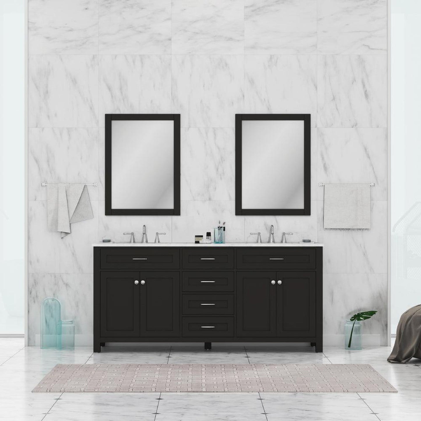 Alya Bath Norwalk 72" Double Espresso Freestanding Bathroom Vanity With Carrara Marble Top, Ceramic Sink and Two Mirrors