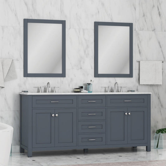 Alya Bath Norwalk 72" Double Gray Freestanding Bathroom Vanity With Carrara Marble Top, Ceramic Sink and Two Mirrors