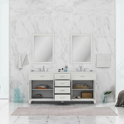 Alya Bath Norwalk 72" Double White Freestanding Bathroom Vanity With Carrara Marble Top, Ceramic Sink and Two Mirrors