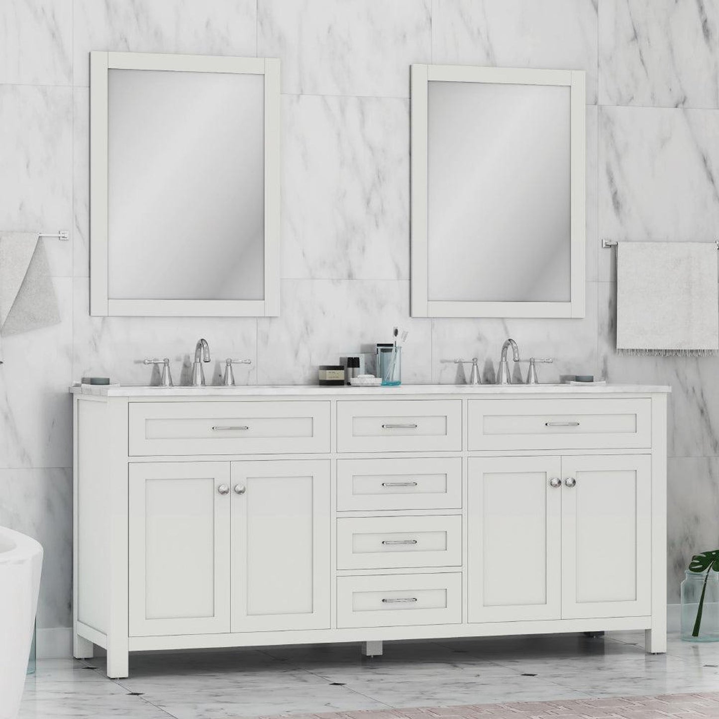 Alya Bath Norwalk 72" Double White Freestanding Bathroom Vanity With Carrara Marble Top, Ceramic Sink and Two Mirrors