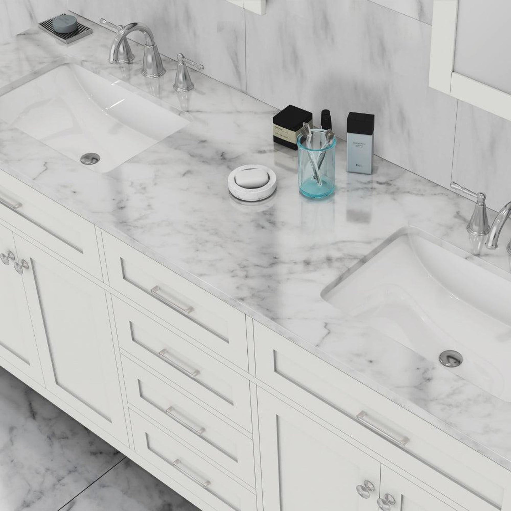 Alya Bath Norwalk 72" Double White Freestanding Bathroom Vanity With Carrara Marble Top, Ceramic Sink and Two Mirrors