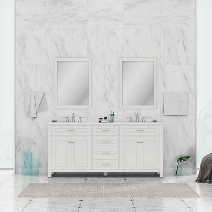 Alya Bath Norwalk 72" Double White Freestanding Bathroom Vanity With Carrara Marble Top, Ceramic Sink and Two Mirrors