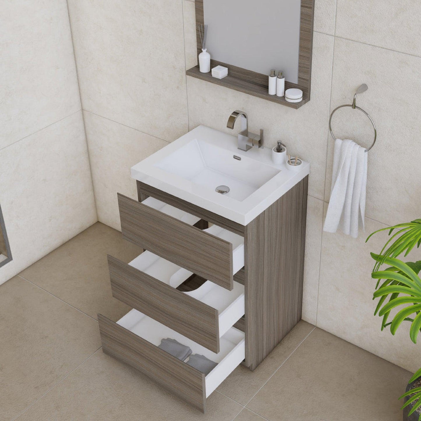 Alya Bath Paterno 24" Single Gray Modern Freestanding Bathroom Vanity With Acrylic Top and Integrated Sink