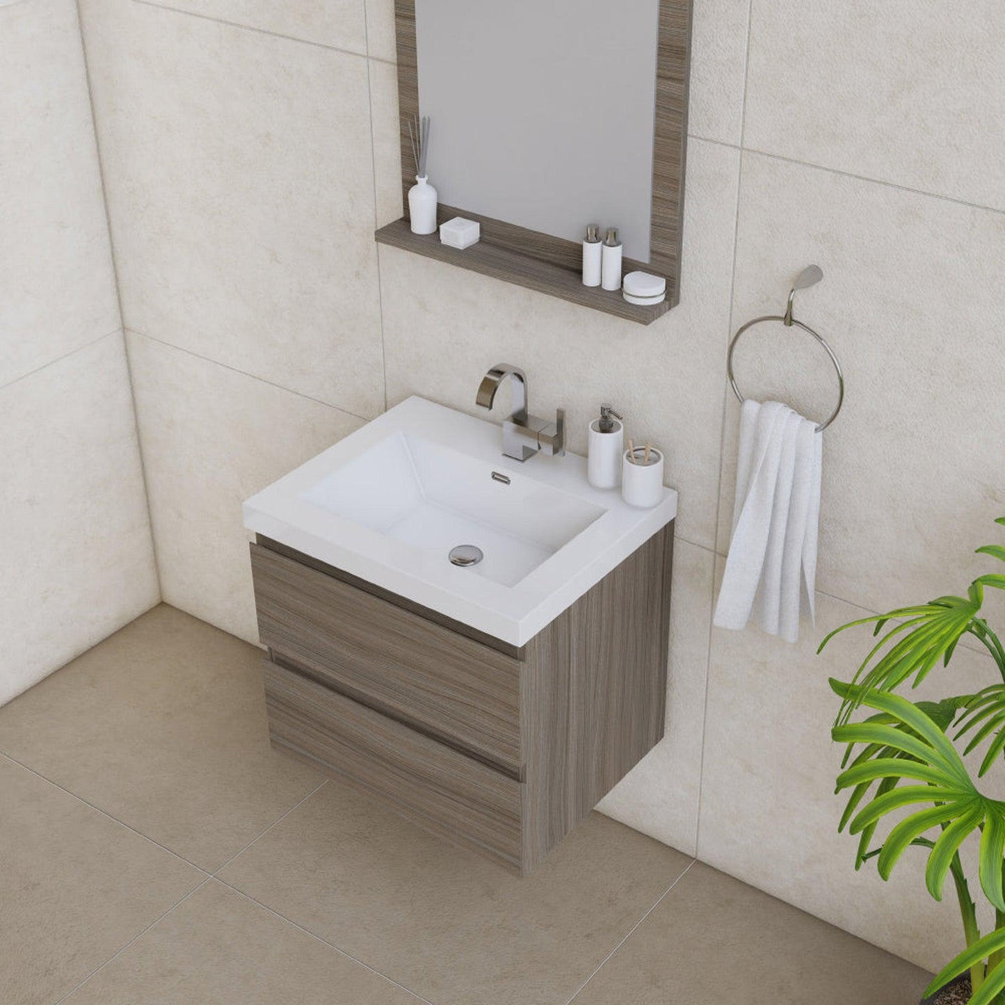 Alya Bath Paterno 24" Single Gray Modern Wall Mounted Bathroom Vanity With Acrylic Top and Integrated Sink