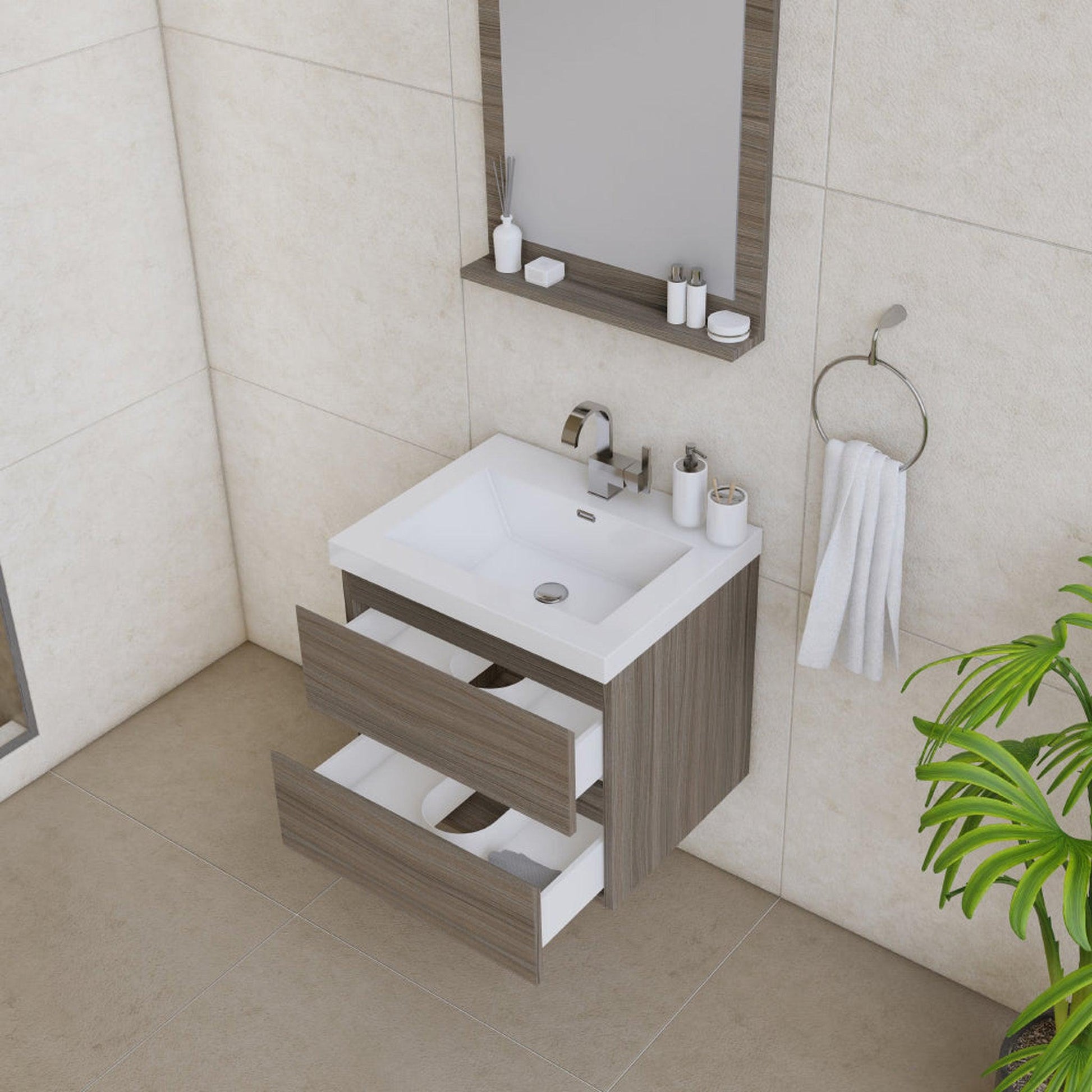 Alya Bath Paterno 24" Single Gray Modern Wall Mounted Bathroom Vanity With Acrylic Top and Integrated Sink