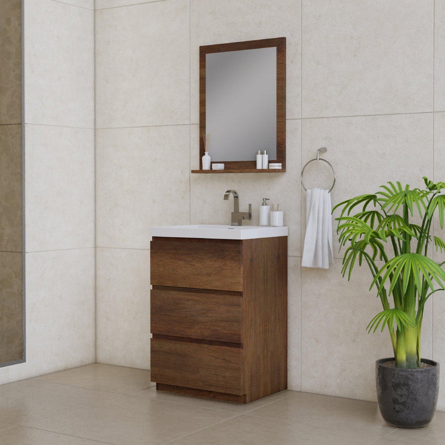 Alya Bath Paterno 24" Single Rosewood Modern Freestanding Bathroom Vanity With Acrylic Top and Integrated Sink