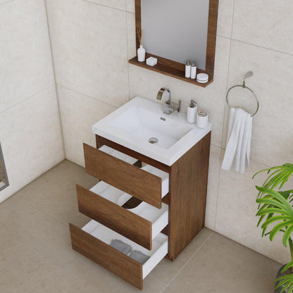 Alya Bath Paterno 24" Single Rosewood Modern Freestanding Bathroom Vanity With Acrylic Top and Integrated Sink