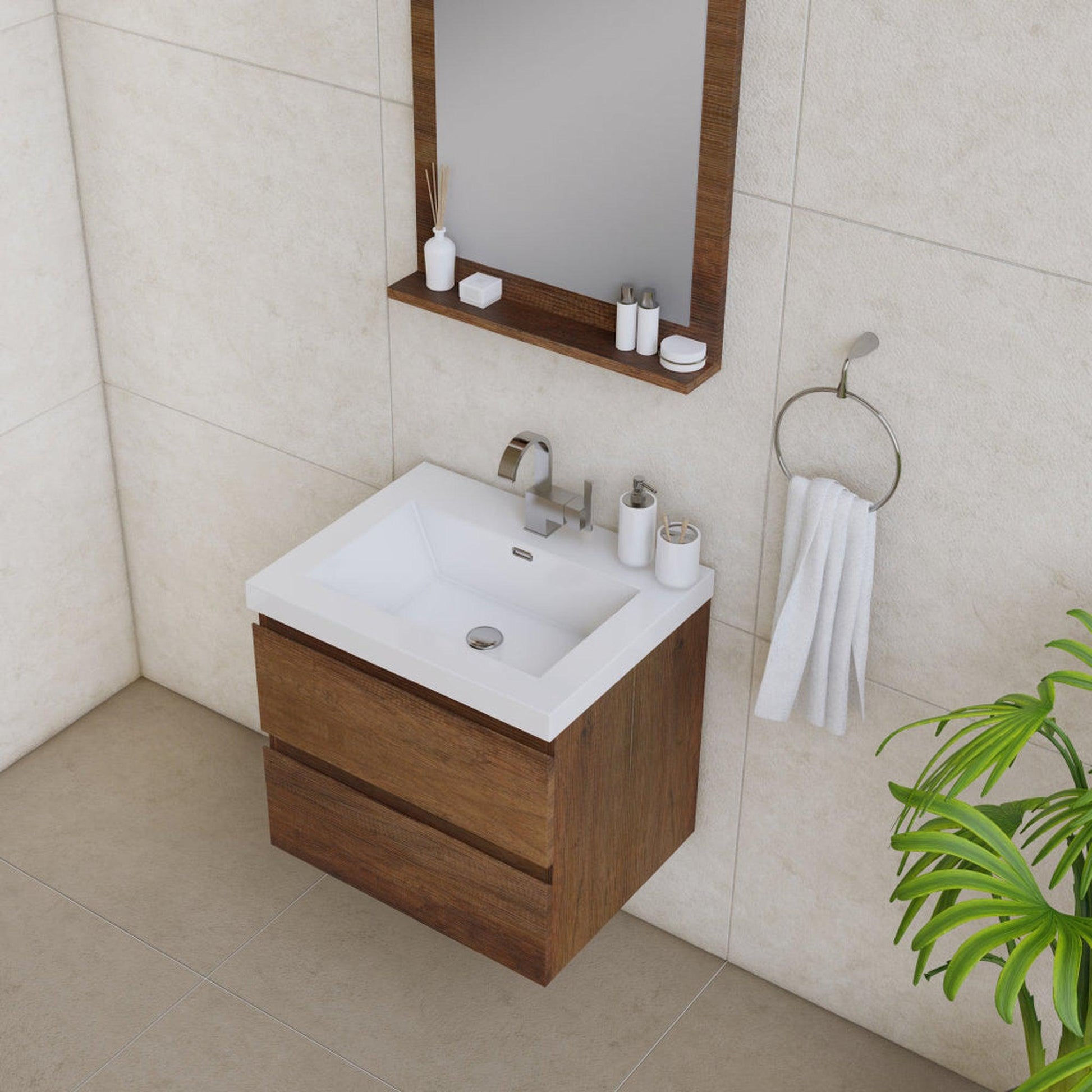Alya Bath Paterno 24" Single Rosewood Modern Wall Mounted Bathroom Vanity With Acrylic Top and Integrated Sink