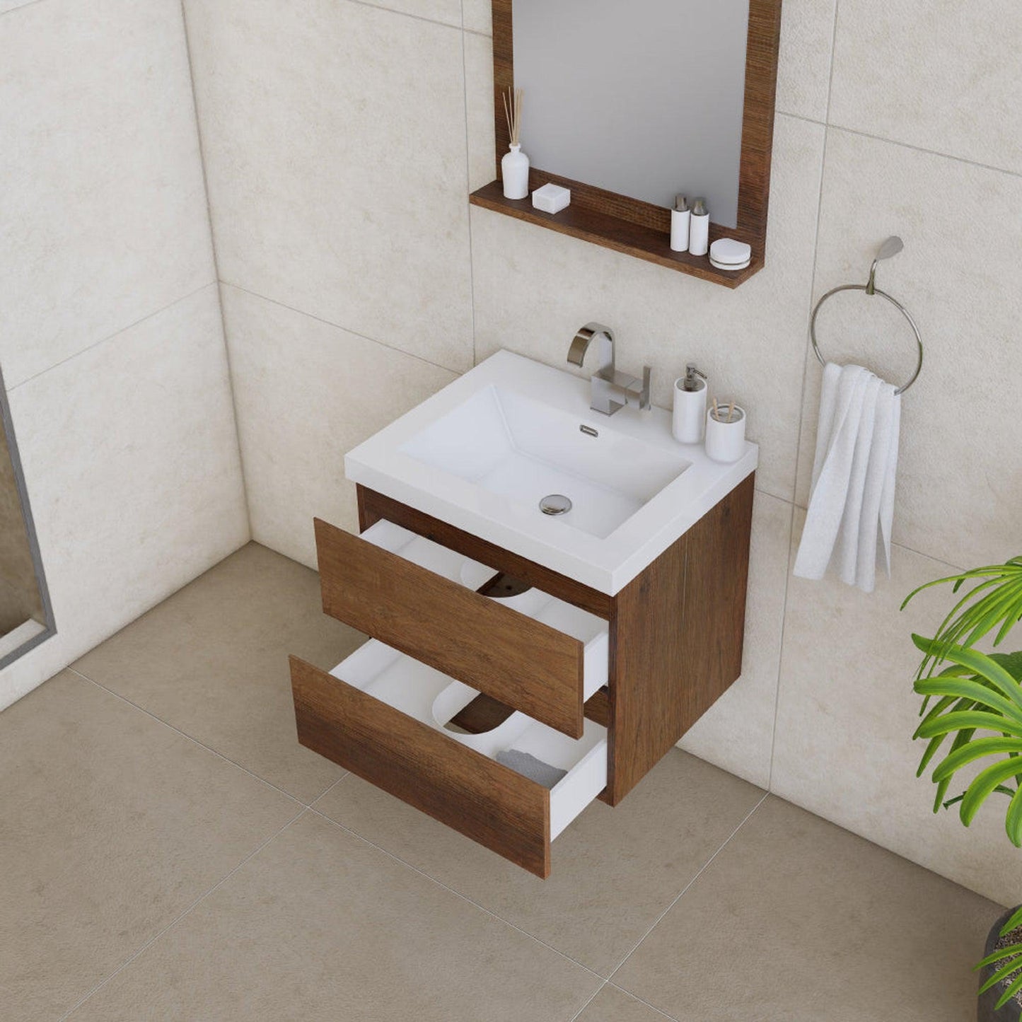 Alya Bath Paterno 24" Single Rosewood Modern Wall Mounted Bathroom Vanity With Acrylic Top and Integrated Sink