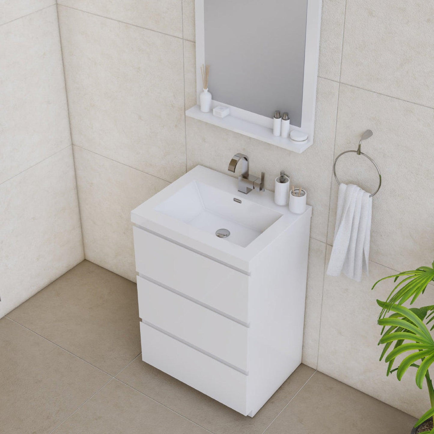 Alya Bath Paterno 24" Single White Modern Freestanding Bathroom Vanity With Acrylic Top and Integrated Sink