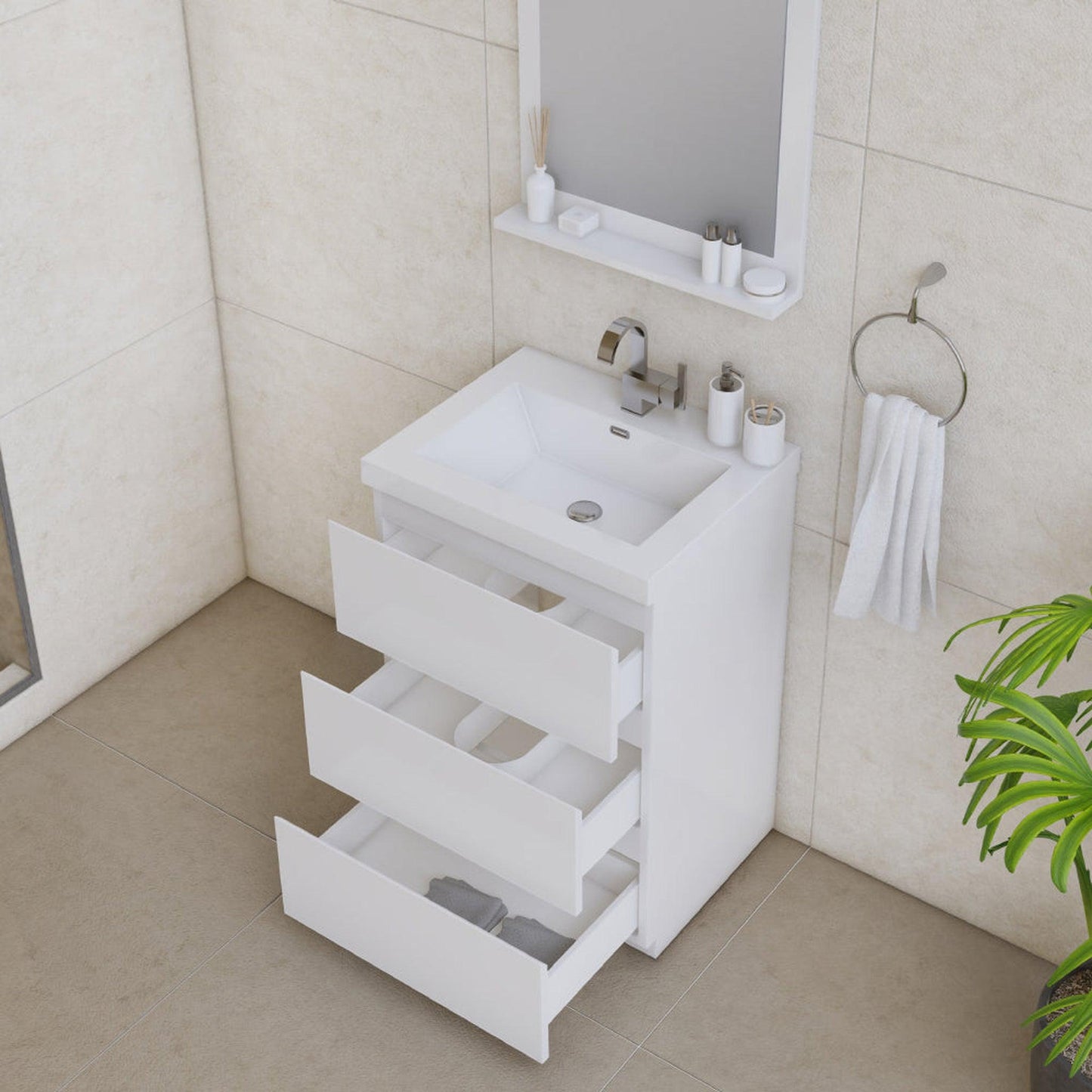 Alya Bath Paterno 24" Single White Modern Freestanding Bathroom Vanity With Acrylic Top and Integrated Sink