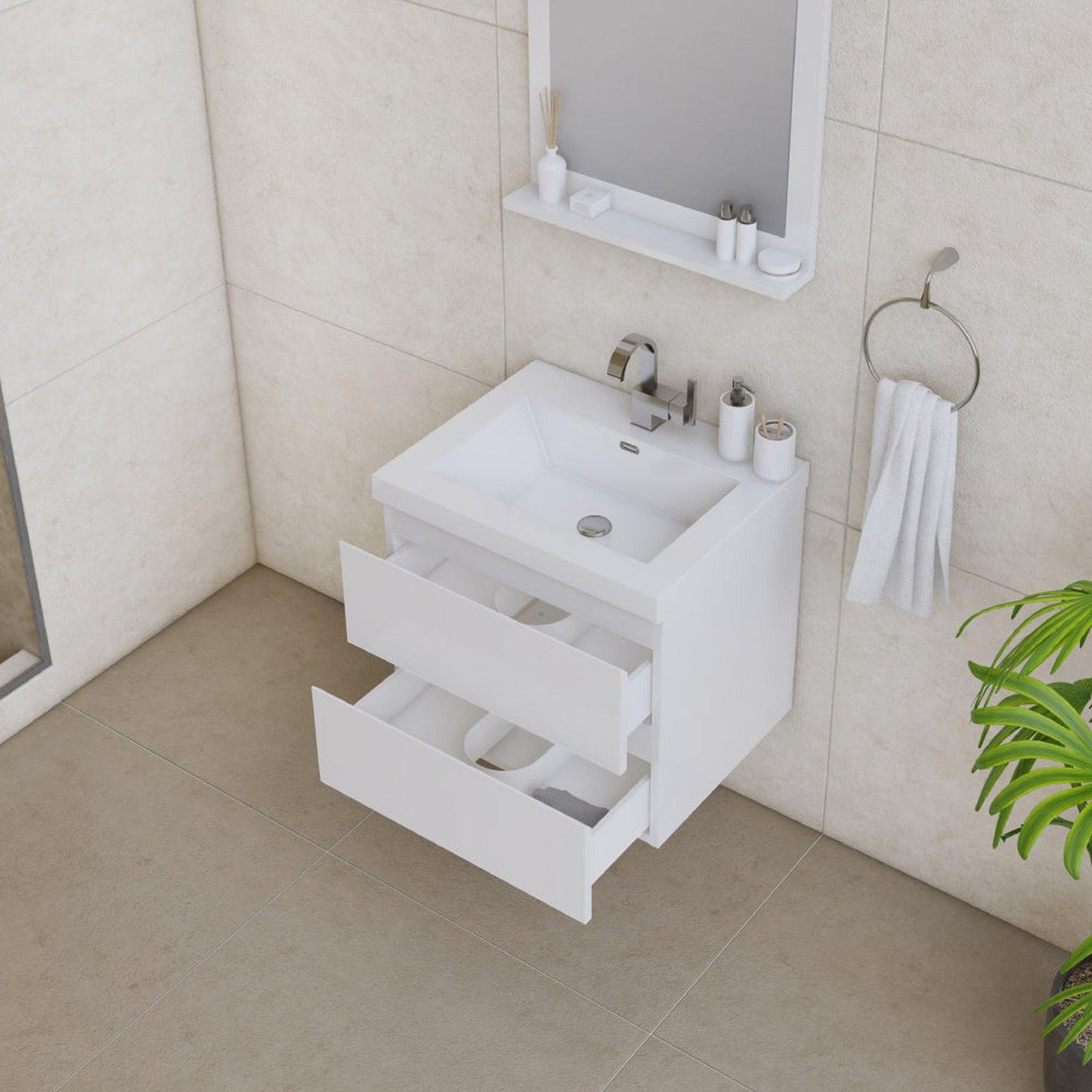 Alya Bath Paterno 24" Single White Modern Wall Mounted Bathroom Vanity With Acrylic Top and Integrated Sink