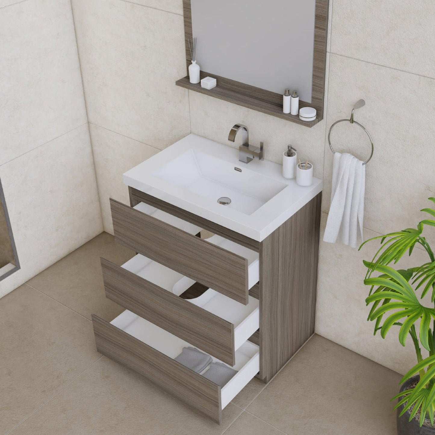 Alya Bath Paterno 30" Single Gray Modern Freestanding Single Bathroom Vanity With Acrylic Top and Integrated Sink