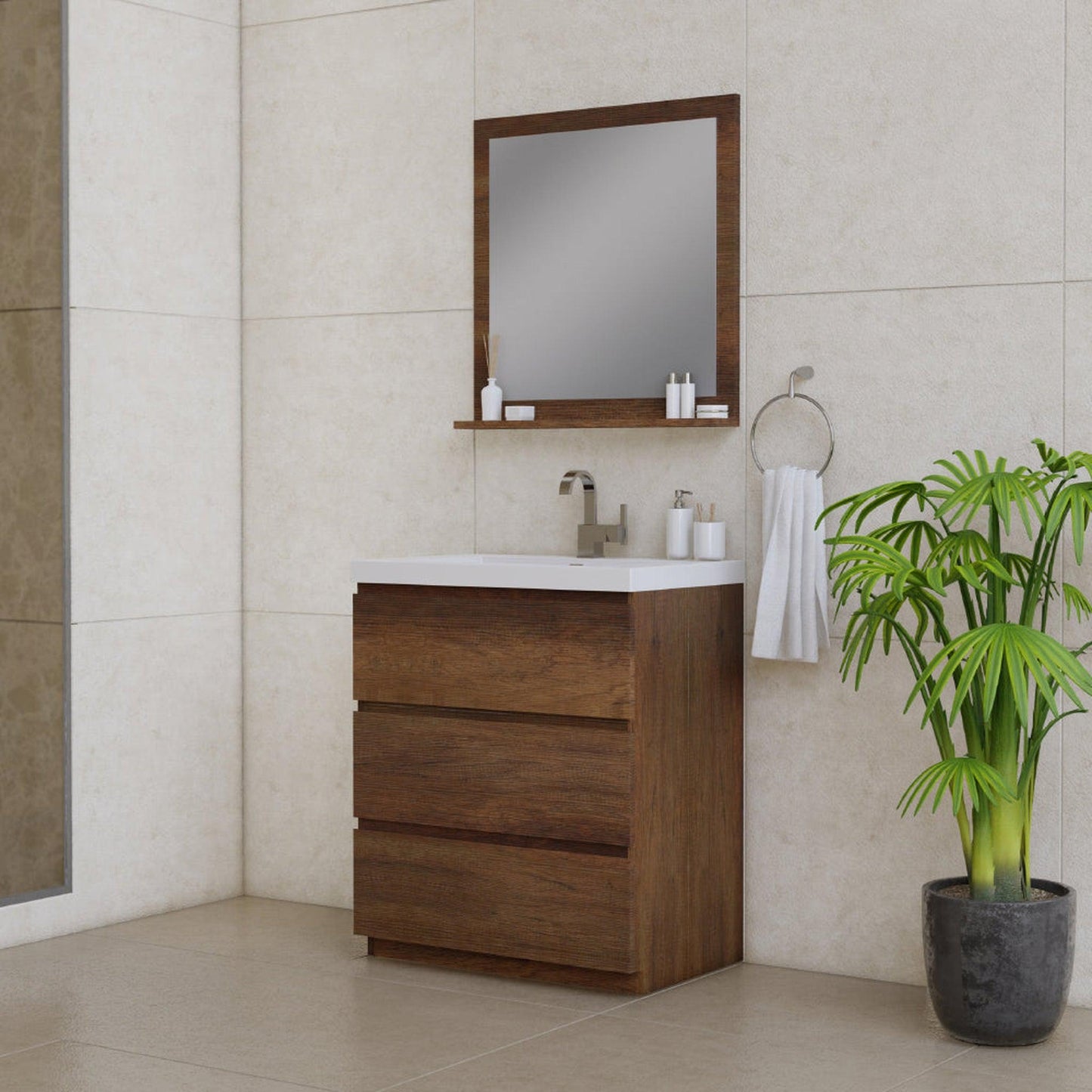 Alya Bath Paterno 30" Single Rosewood Modern Freestanding Bathroom Vanity With Acrylic Top and Integrated Sink