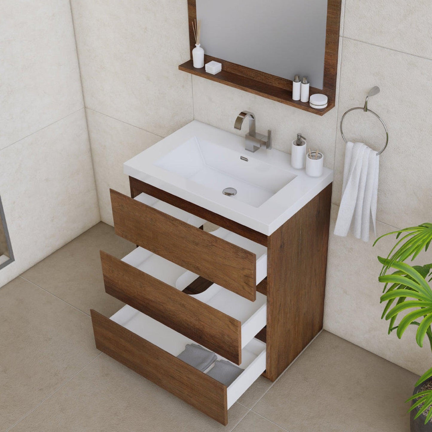 Alya Bath Paterno 30" Single Rosewood Modern Freestanding Bathroom Vanity With Acrylic Top and Integrated Sink