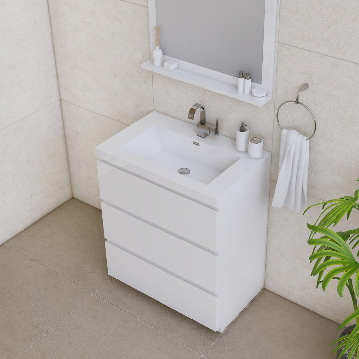 Alya Bath Paterno 30" Single White Modern Freestanding Bathroom Vanity With Acrylic Top and Integrated Sink