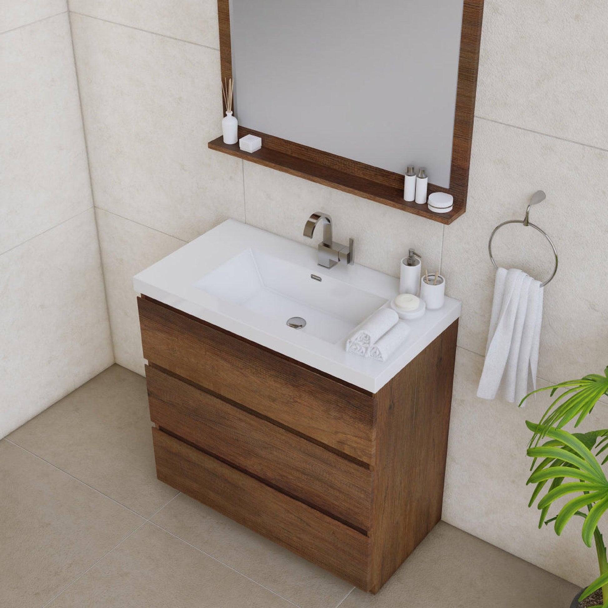 Alya Bath Paterno 36" Single Rosewood Modern Freestanding Bathroom Vanity With Acrylic Top and Integrated Sink