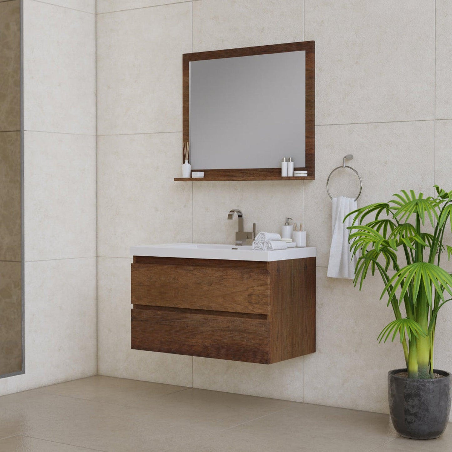 Alya Bath Paterno 36" Single Rosewood Modern Wall Mounted Bathroom Vanity With Acrylic Top and Integrated Sink