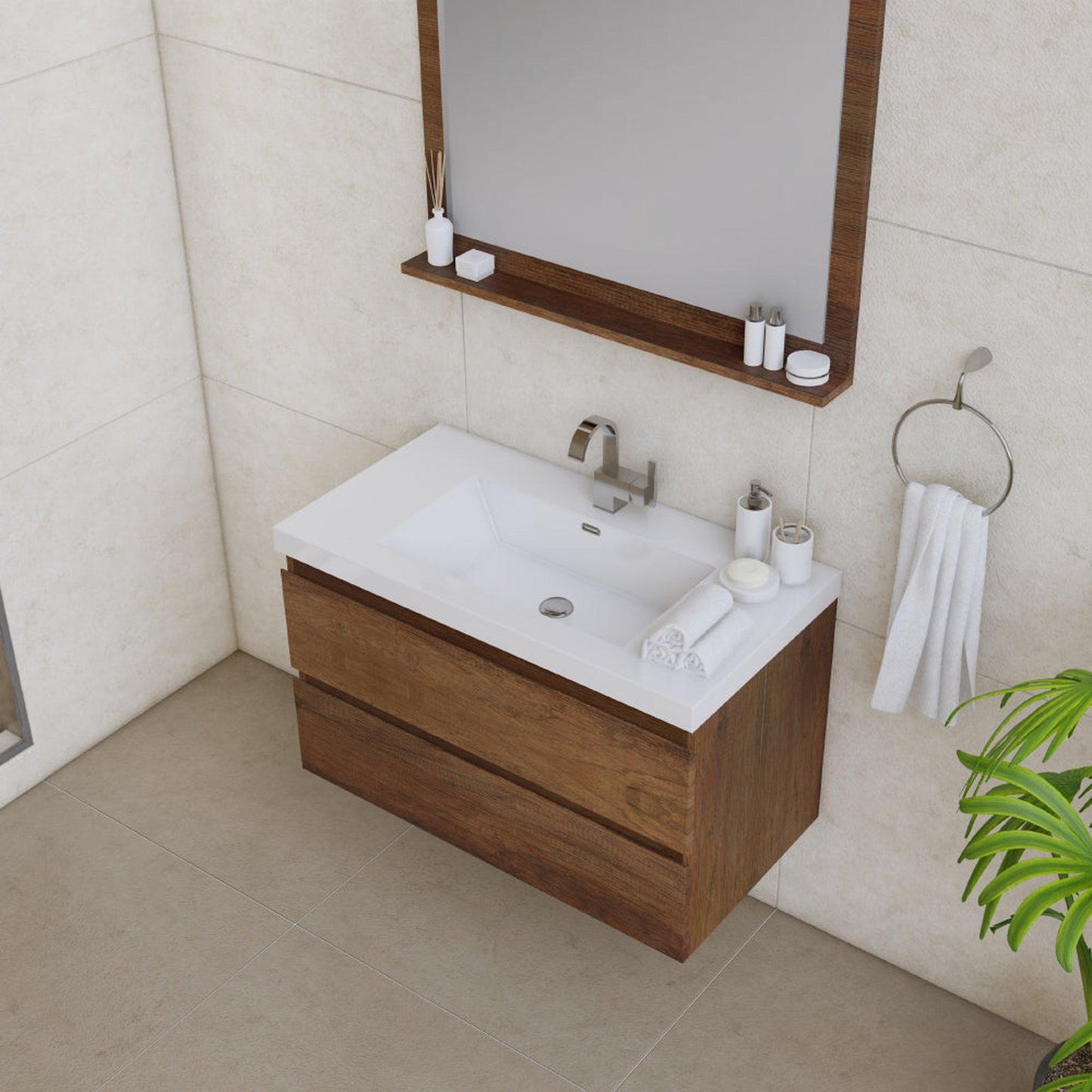 Alya Bath Paterno 36" Single Rosewood Modern Wall Mounted Bathroom Vanity With Acrylic Top and Integrated Sink