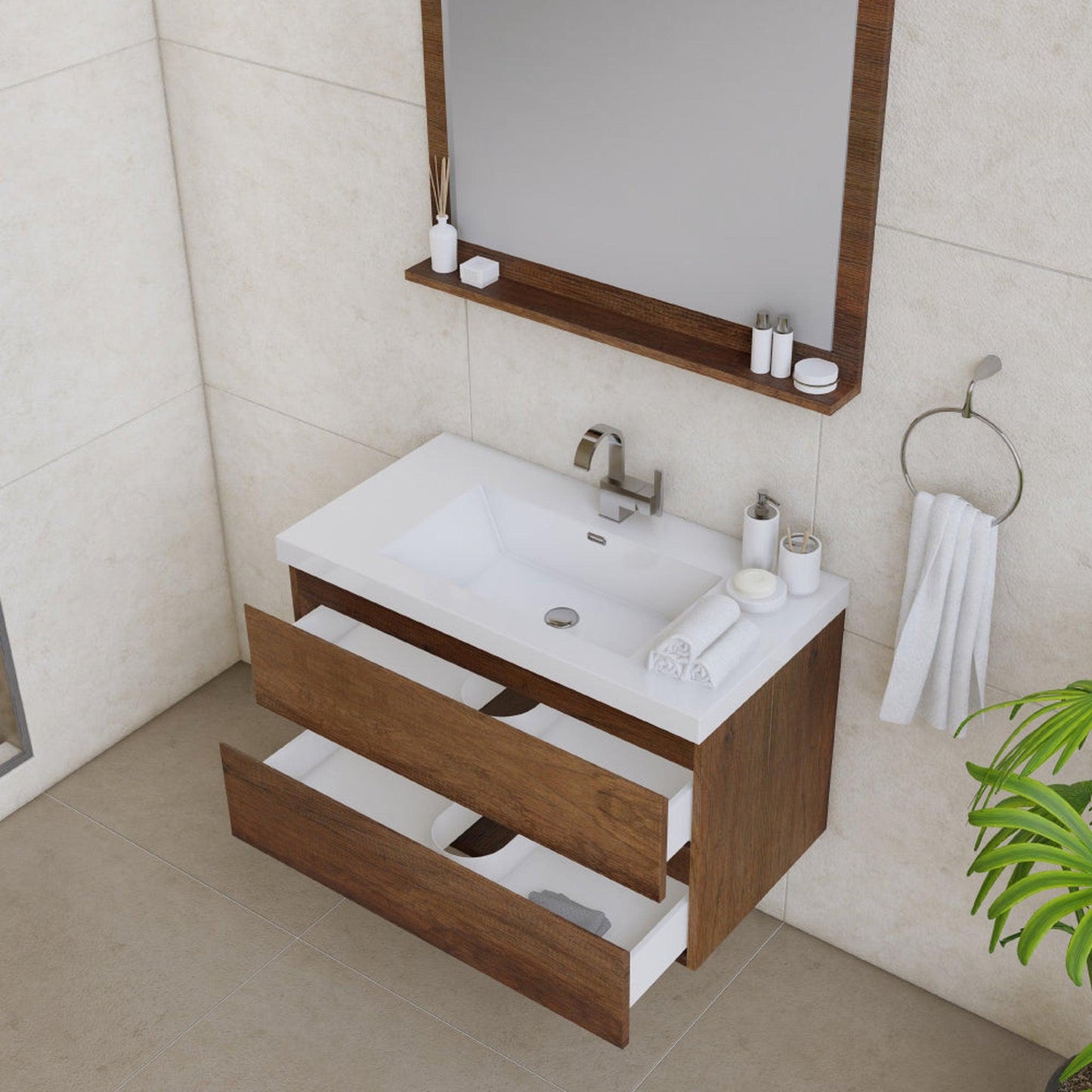 Alya Bath Paterno 36" Single Rosewood Modern Wall Mounted Bathroom Vanity With Acrylic Top and Integrated Sink