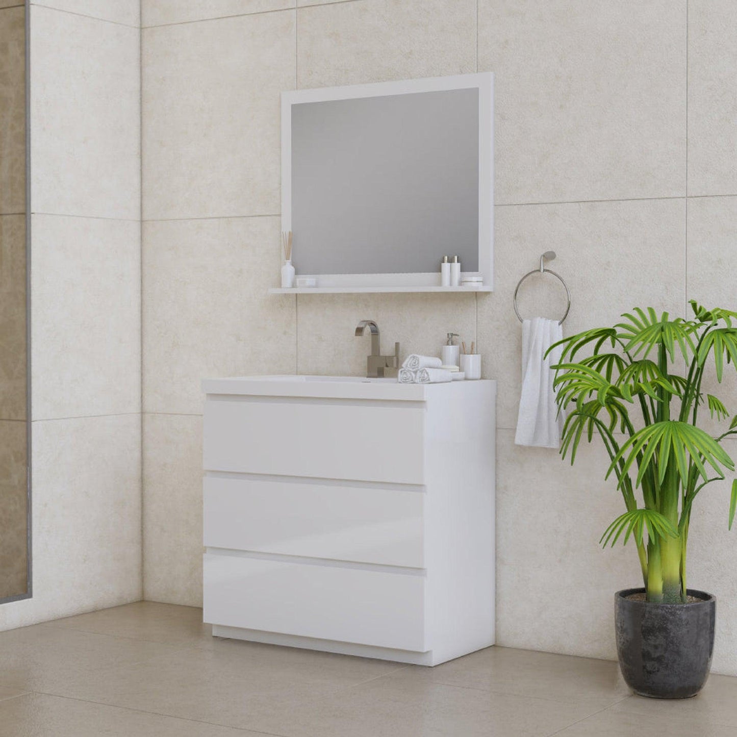 Alya Bath Paterno 36" Single White Modern Freestanding Bathroom Vanity With Acrylic Top and Integrated Sink