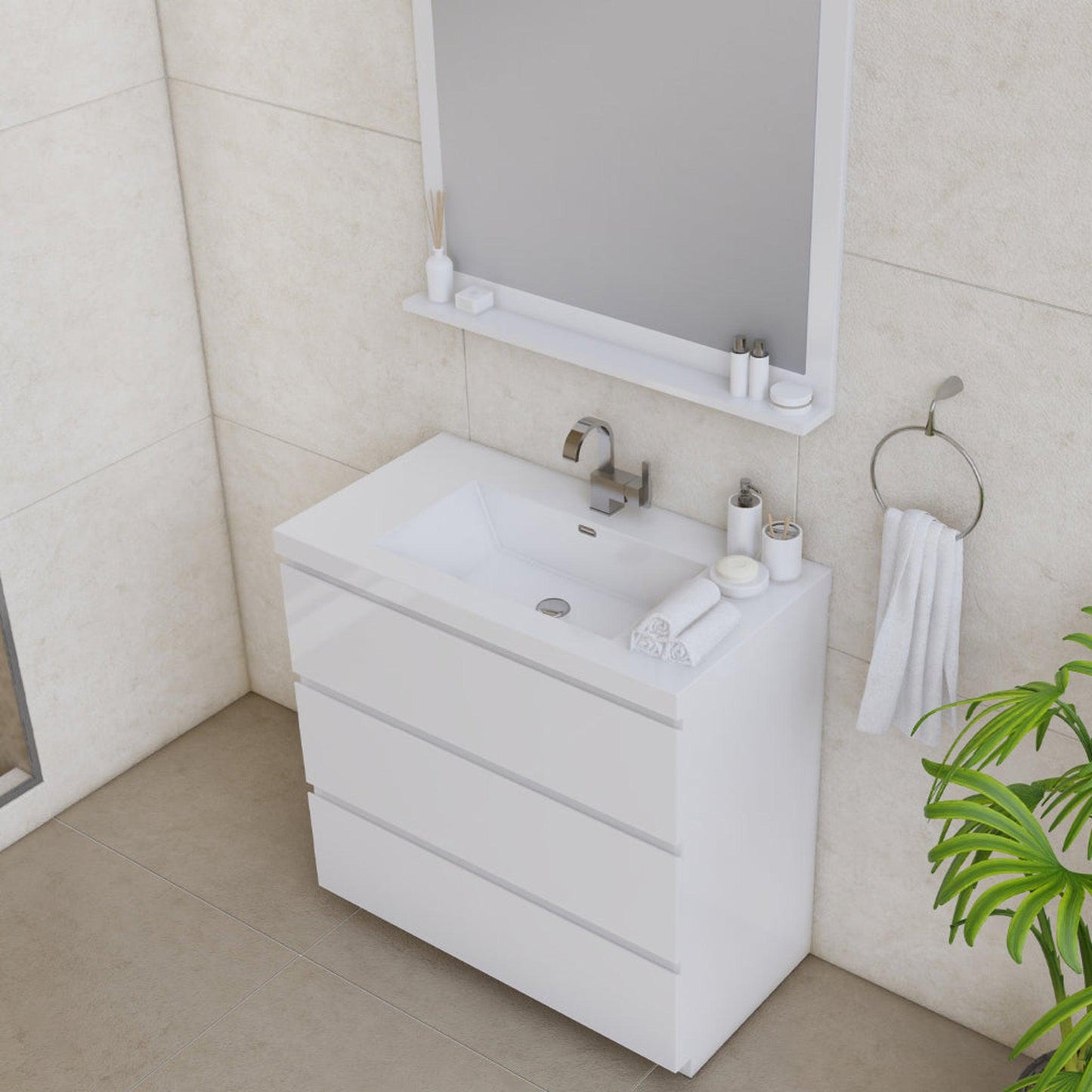 Alya Bath Paterno 36" Single White Modern Freestanding Bathroom Vanity With Acrylic Top and Integrated Sink