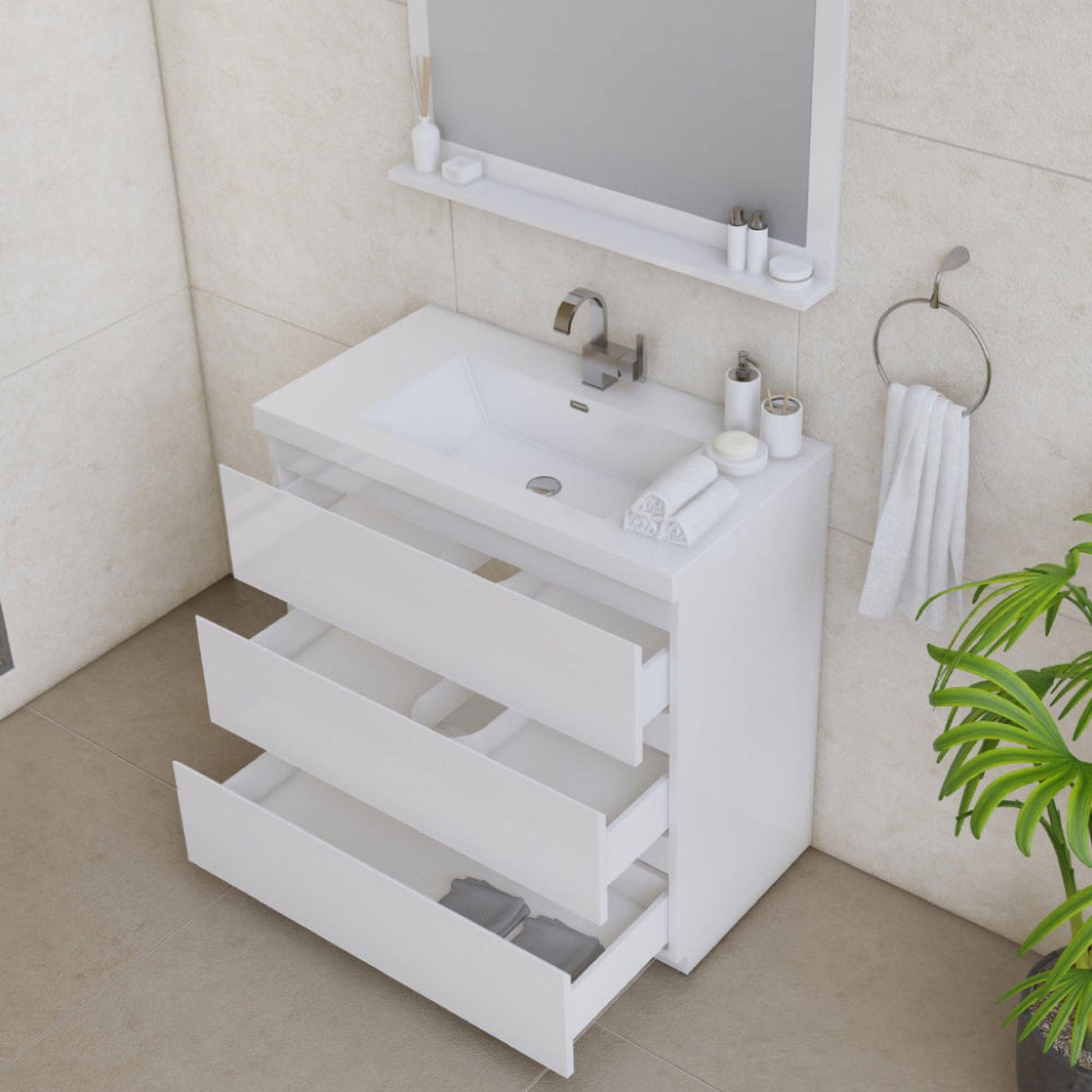 Alya Bath Paterno 36" Single White Modern Freestanding Bathroom Vanity With Acrylic Top and Integrated Sink