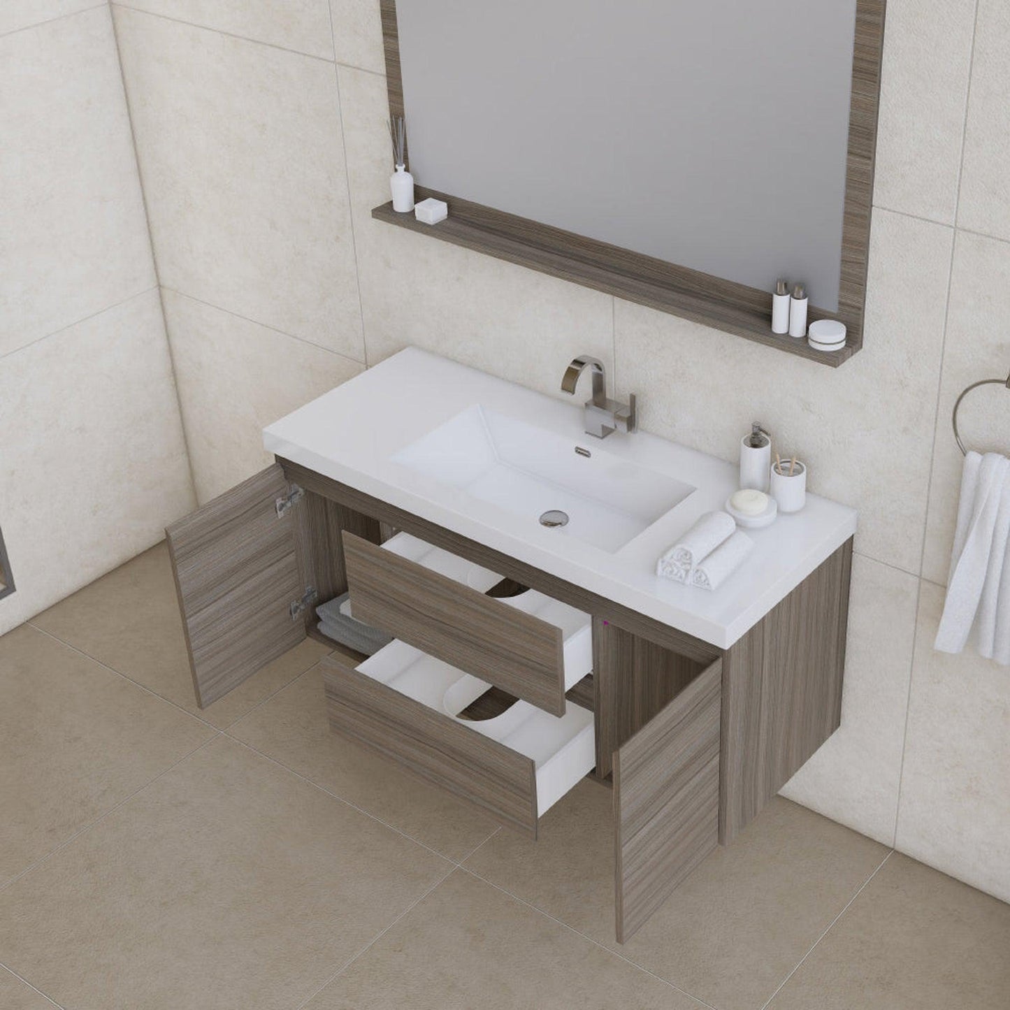 Alya Bath Paterno 48" Single Gray Modern Wall Mounted Bathroom Vanity With Acrylic Top and Integrated Sink