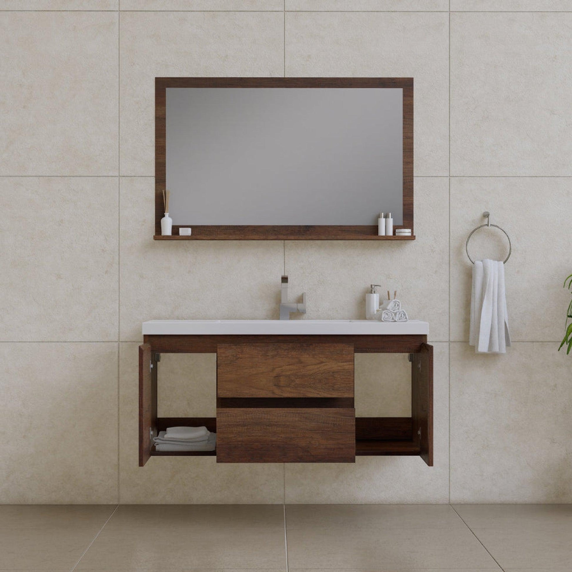 Alya Bath Paterno 48" Single Rosewood Modern Wall Mounted Bathroom Vanity With Acrylic Top and Integrated Sink