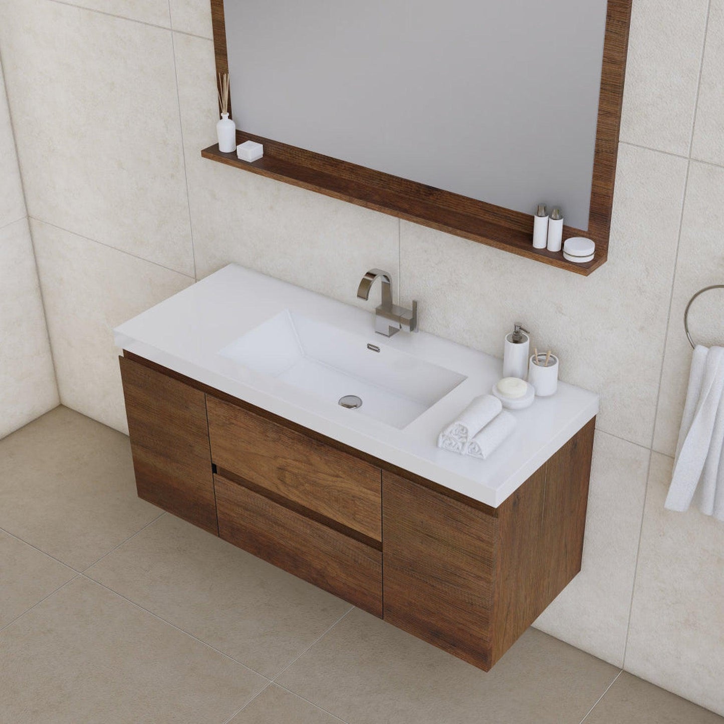 Alya Bath Paterno 48" Single Rosewood Modern Wall Mounted Bathroom Vanity With Acrylic Top and Integrated Sink