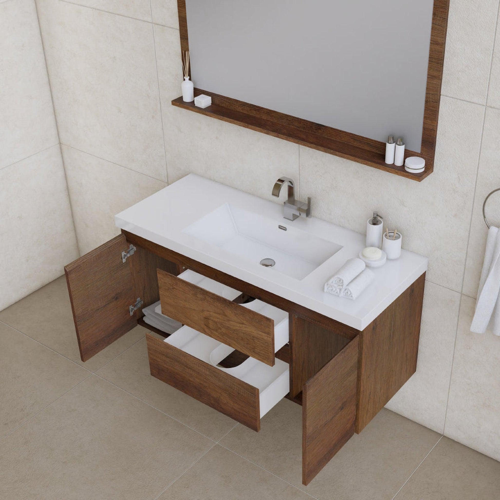 Alya Bath Paterno 48" Single Rosewood Modern Wall Mounted Bathroom Vanity With Acrylic Top and Integrated Sink