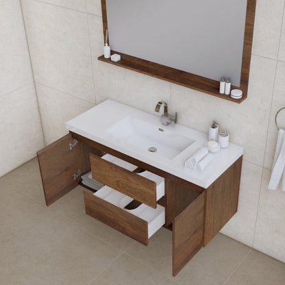 Alya Bath Paterno 48" Single Rosewood Modern Wall Mounted Bathroom Vanity With Acrylic Top and Integrated Sink