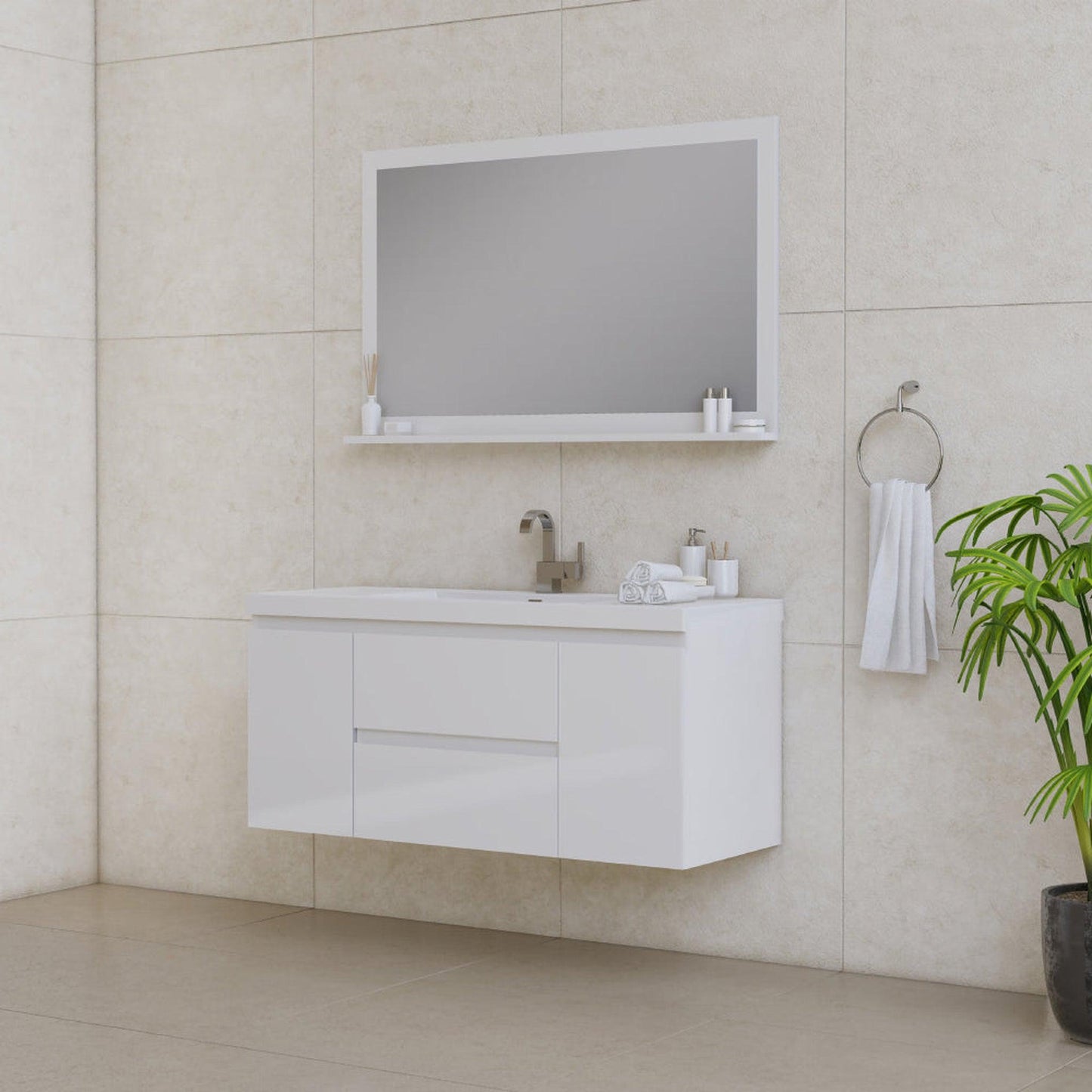 Alya Bath Paterno 48" Single White Modern Wall Mounted Bathroom Vanity With Acrylic Top and Integrated Sink